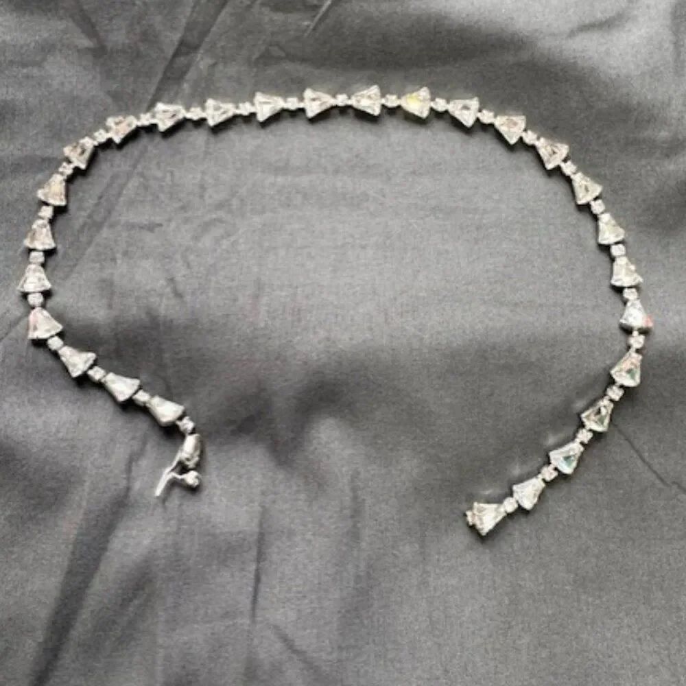 Silver Tone Clear Triangle Cut Glass Stone Tennis Style Bracelet w Accents 15"L